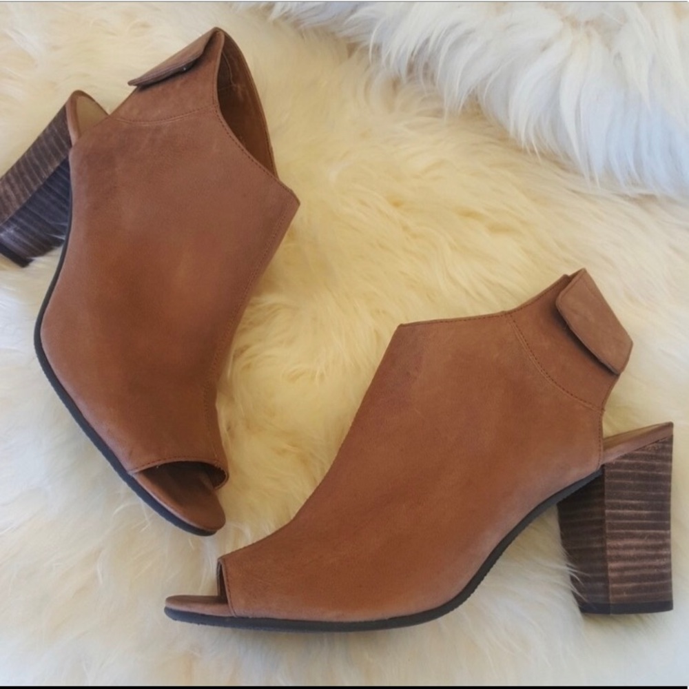 Tan Genuine Leather Peep Toe Block Heel Booties